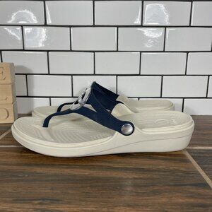 CROCS Sanrah Womens 10 Shoes Blue Cream Circle Bow Medallion Wedge Thong Sandal